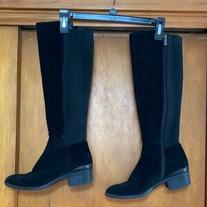 Black Suede Ribbed Sweater Detail Inner Zipper Black Knee High Boots 1.75” Heel